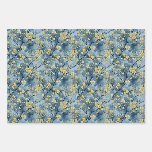 Gele en blauwe takken en bloesems inpakpapier vel (Voorkant)