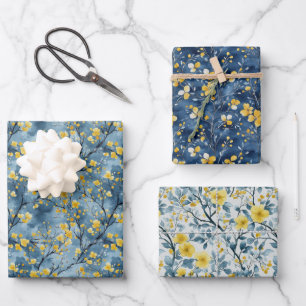 Gele en blauwe takken en bloesems inpakpapier vel