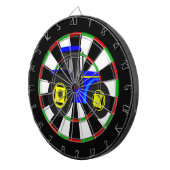 Gele en blauwe tractor dartbord (Voorkant Rechts)