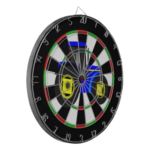 Gele en blauwe tractor dartbord (Voorkant Links)