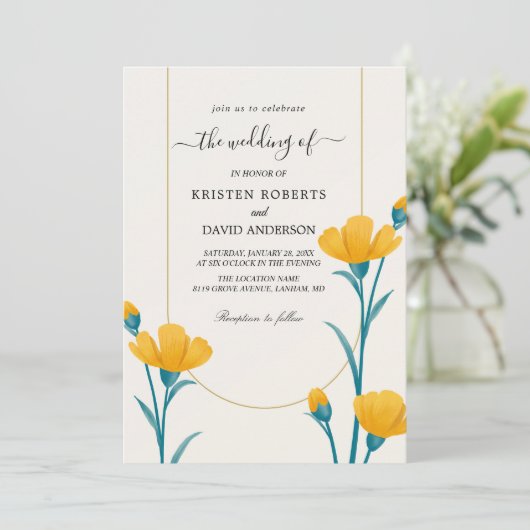 gele en blauwe trouwuitnodiging kaart (Staand voorkant)