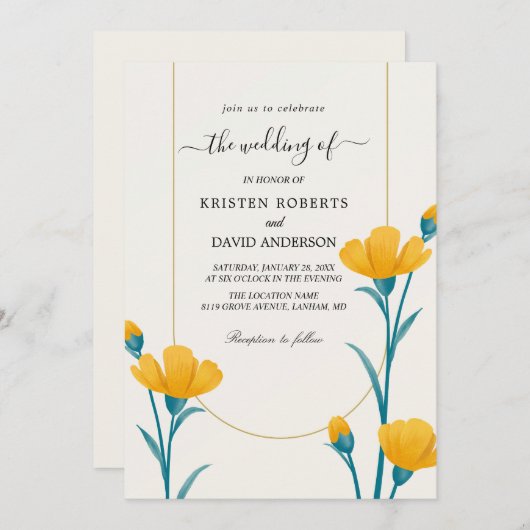 gele en blauwe trouwuitnodiging kaart (Voorkant / Achterkant)