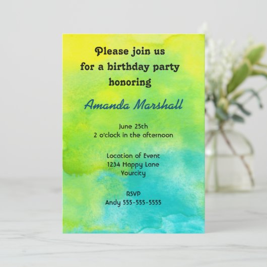 Gele en blauwe Waterverf uitnodiging (Staand voorkant)