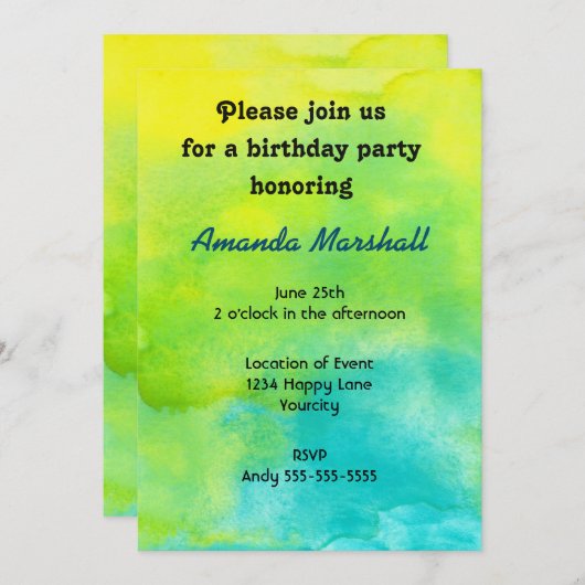 Gele en blauwe Waterverf uitnodiging (Voorkant / Achterkant)