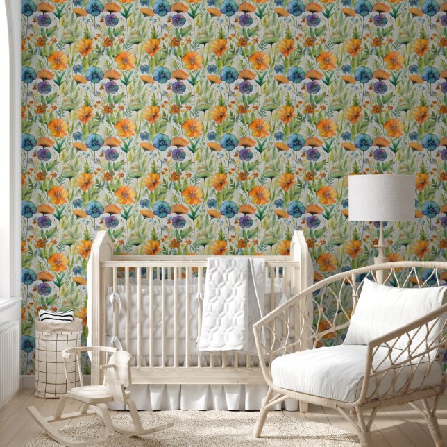 Gele en blauwe waterverf wilde bloemen behang (Kinderen)