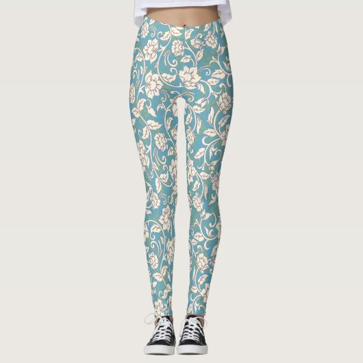 Gele en blauwe wervelende bloemen leggings (Voorkant)