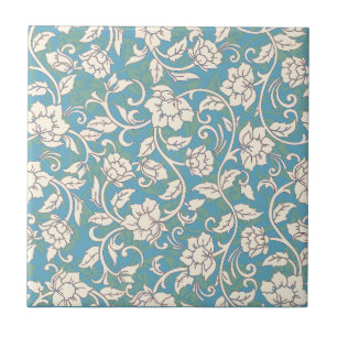 Gele en blauwe wervelende bloemen tegeltje