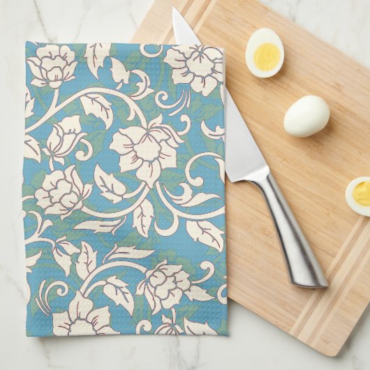 Gele en blauwe wervelende bloemen theedoek (Quarter Fold)