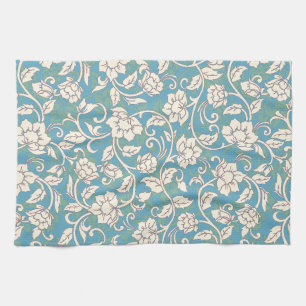 Gele en blauwe wervelende bloemen theedoek