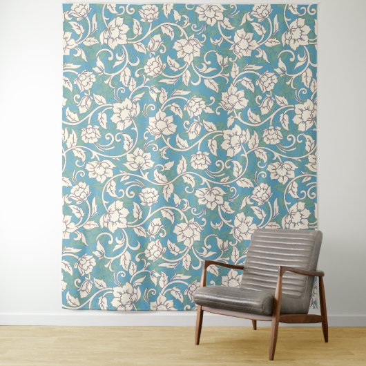 Gele en blauwe wervelende bloemen wandkleed (In situ)