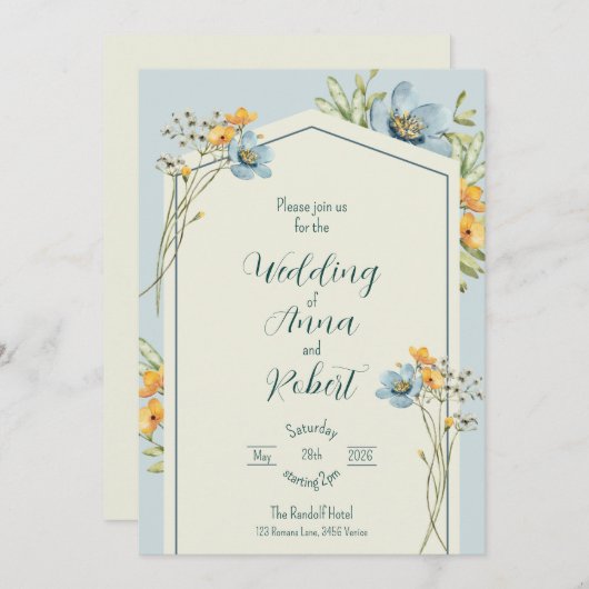 Gele en blauwe wilde bloemen geometrische bruiloft kaart (Voorkant / Achterkant)