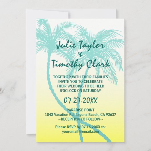Gele en Blauwgroen Blauwe Palm Tree Huwelijksuitno Kaart (Voorkant)