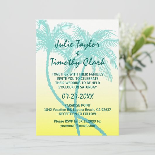 Gele en Blauwgroen Blauwe Palm Tree Huwelijksuitno Kaart (Staand voorkant)