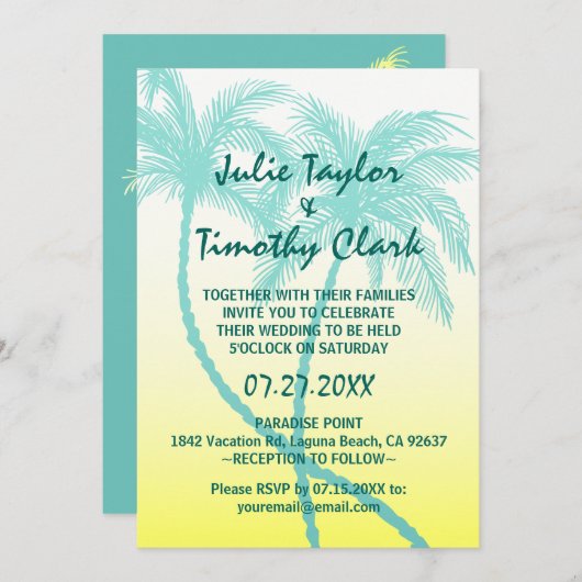 Gele en Blauwgroen Blauwe Palm Tree Huwelijksuitno Kaart (Voorkant / Achterkant)