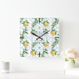 Gele en Blauwgroen Citrus Kitchen Wall Clock Vierkante Klok
