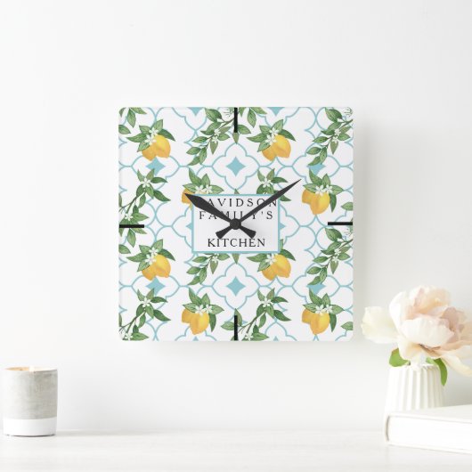 Gele en Blauwgroen Citrus Kitchen Wall Clock Vierkante Klok (Huis)