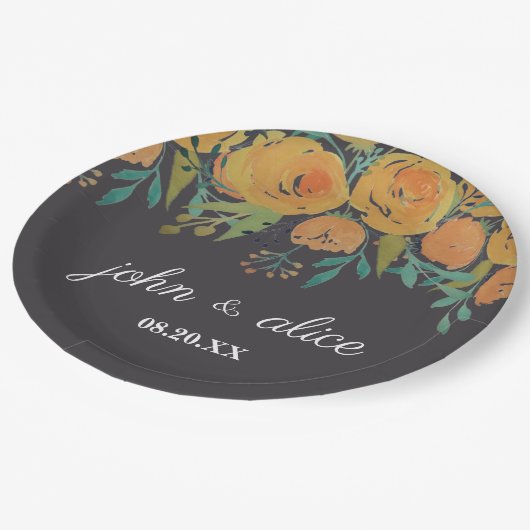 Gele en bruine volken en Rozen bruiloft Papieren Bordje (Gekanteld)