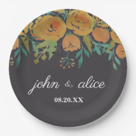 Gele en bruine volken en Rozen bruiloft Papieren Bordje