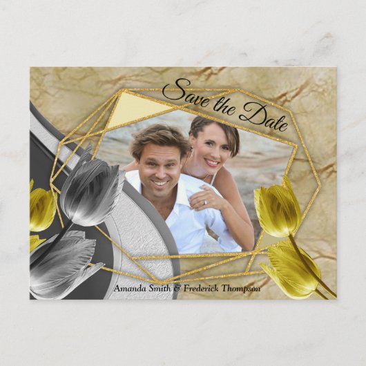 Gele en gele tulpen op textuur. aankondigingskaart (Voorkant)