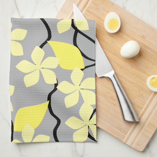 Gele en grijze bloemen. Floral Pattern. Theedoek (Quarter Fold)