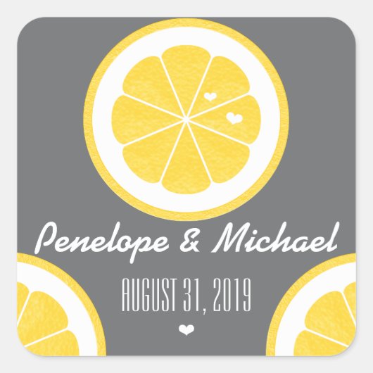 GELE EN GRIJZE CITROEN HARTZADEN BRUILOFT VIERKANTE STICKER (Voorkant)
