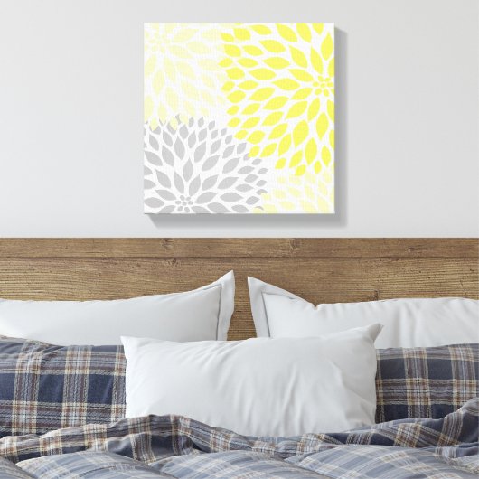 Gele en Grijze Dahlia Square Canvas kunst aan de m (Insitu (Slaapkamer))