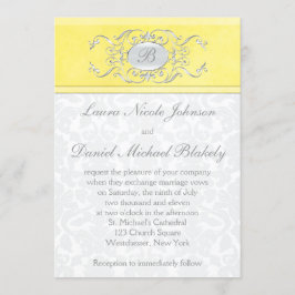 Gele en Grijze Damast Monogrammed Uitnodiging