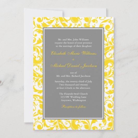 Gele en Grijze Damast Swirls Bruiloft Uitnodiginge Kaart (Voorkant)