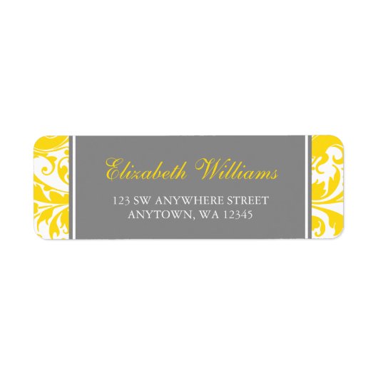 Gele en Grijze Damast Swirls Etiket (Voorkant)