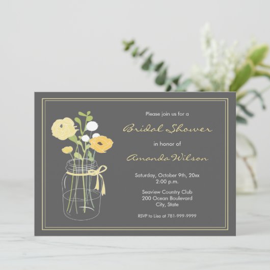 Gele en Grijze Mason Jar Bruids Douche Uitnodiging (Staand voorkant)