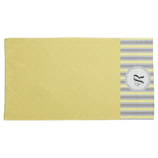 Gele en grijze poka dots en stripes, monogrammen kussensloop (Voorkant-Rechts)