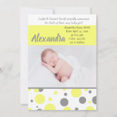 Gele en grijze pokadots | Fotogeboorte Aankondiging (Voorkant)