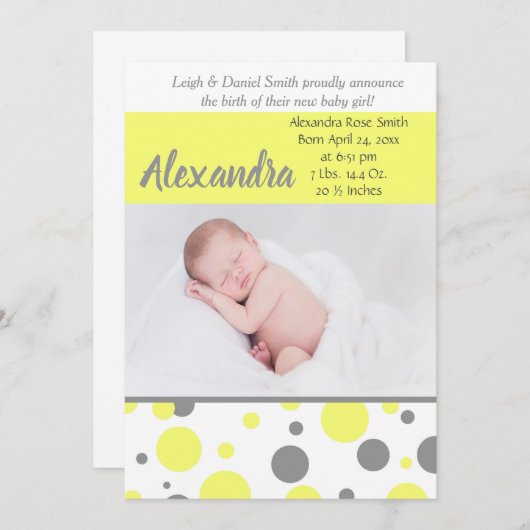 Gele en grijze pokadots | Fotogeboorte Aankondiging (Voorkant / Achterkant)