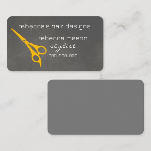 gele en grijze schaar- en haarstylist salon op maa visitekaartje (Voorkant / Achterkant)
