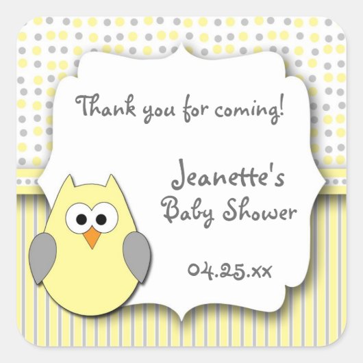 Gele en Grijze uil baby shower gunst stickers (Voorkant)