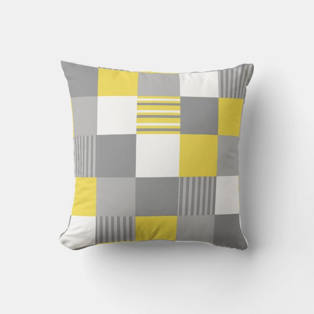 Gele en grijze vierkanten en strepen kussen (Voorkant)