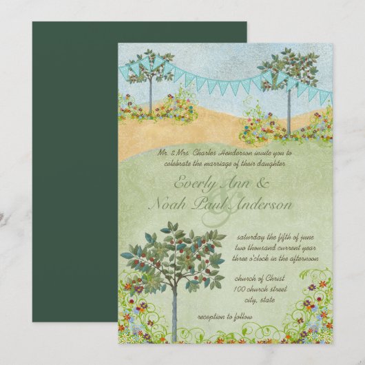Gele en groene Bunting Pennant Wedding Invitations Kaart (Voorkant / Achterkant)