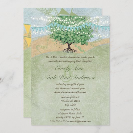 Gele en groene Bunting Pennant Wedding Invitations Kaart (Voorkant / Achterkant)