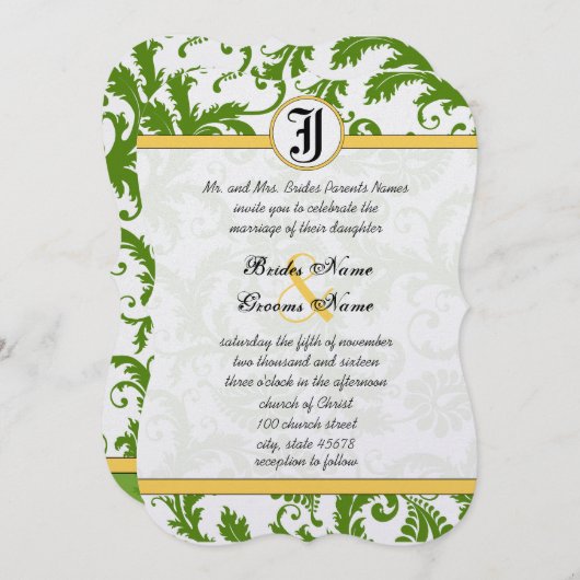 Gele en groene Damask zwemmen bruiloft uitnodiging (Voorkant / Achterkant)