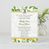 Gele en groene Damask zwemmen bruiloft uitnodiging (Staand voorkant)