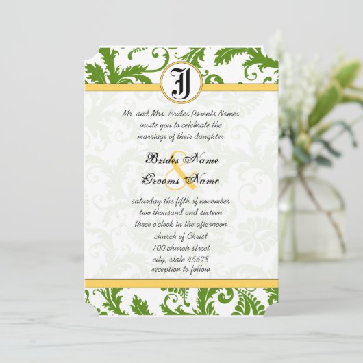 Gele en groene Damask zwemmen bruiloft uitnodiging (Staand voorkant)