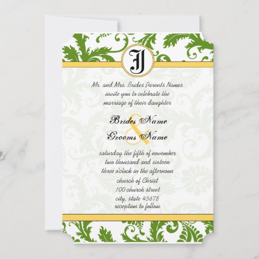 Gele en groene Damask zwemmen bruiloft uitnodiging (Voorkant)