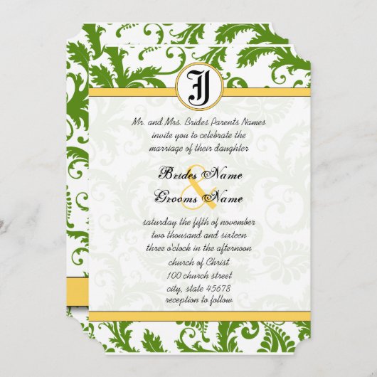 Gele en groene Damask zwemmen bruiloft uitnodiging (Voorkant / Achterkant)