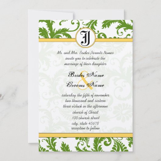 Gele en groene Damask zwemmen bruiloft uitnodiging (Voorkant)