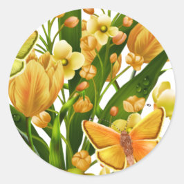 Gele en groene Floral-Sticker met vlinder Ronde Sticker