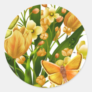 Gele en groene Floral-Sticker met vlinder Ronde Sticker