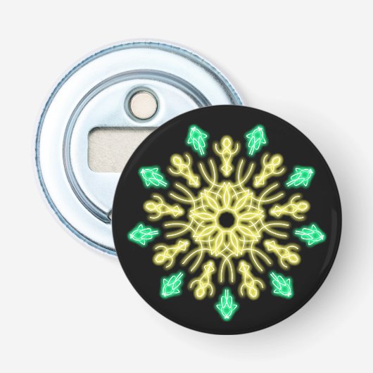 Gele en groene neonbloem button flesopener (Voorkant)