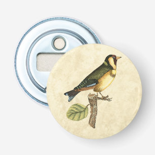 Gele en groene vogel op een kleine tak button flesopener