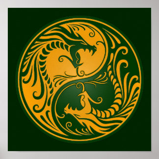 Gele en groene Yin Yang Dragons Poster
