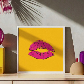 Gele en hete roze kussende lippen poster